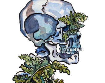 Painting of Bones with Plants in It Reproduction - Watercolor and Ink Skeleton - Wooly Lip Fern in Human Remains Art Print - Memento Mori