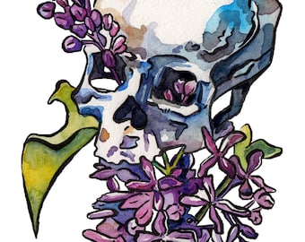 Skull Painting - Lilacs in a Skeleton Art Print - Artsy Halloween Decoration - Flowering Skull Watercolor and Ink - Pretty Halloween Decor