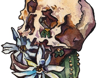 Cactus Art Print - Skull Painting with Flowers - Bones and Blooms Art Prints - Skeleton with Flowers Art - Watercolor Cactus Bloom Art