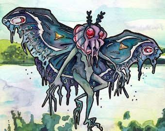 Mothman Cryptid Art Print - Watercolor Moth Man Wall Decoration - Reproduction of Watercolor and Ink Painting of Mothman by jenthetracy Art