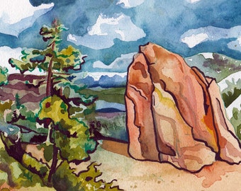Watercolor and Ink Painting of a Rock on Donner Summit - Original Landscape Art - Natural Landscape Painted by Hand - Art Desert Landscape