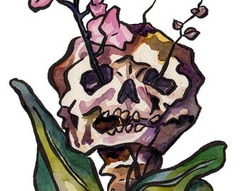 Skull and Orchid Art - Watercolor and Ink Painting of Skeleton - Skeleton Watercolor - Bones and Flowers Art Print by Jen Tracy - Halloween
