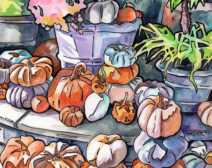 Featured listing image: Pumpkin Pile Autumn Display Gourds for Fall Print of Original Watercolor and Ink Painting on Paper Reproduction Art