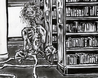 Print of Library Ghost Haunted Books - Art for Book Lovers - Haunted Library Reproduction of Ink Drawing Halloween Decoration Scary Story