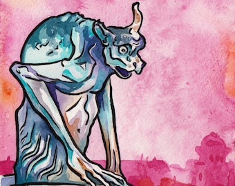 Notre Dame Gargoyle - Watercolor and Ink Painting of a Gargoyle - Gargoyle Art - Original Painting of Gargoyle at Notre Dame - French Art