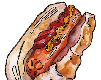 Hot Dog Food Art - Watercolor Painting of a BBQ - Kitchen Art - Weiner Watercolor Art Print Food Lover - Restaurant Decoration Frankfurter