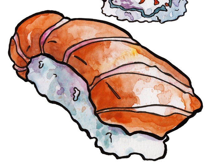 Featured listing image: Sushi Food Print - Watercolor Painting of a Sushi Food Decoration - Kitchen Picture - 5 x 7 Standard Frame Sized Print - Salmon Tuna Art