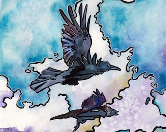 Two Ravens in Flight Watercolor Painting Print - Reproduction of Bird Art Print - Wings Watercolor Print of Flying Birds in Sky Jen Tracy