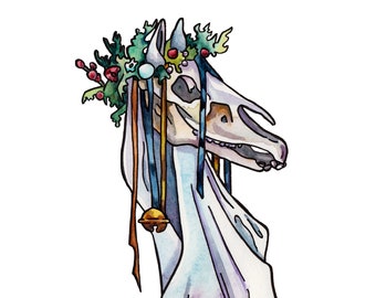 Mari Lwyd Christmas Tradition Print - Hobby Horse Art Reproduction - Folk Art Watercolor Wall Hanging - Small Print of Watercolor Painting