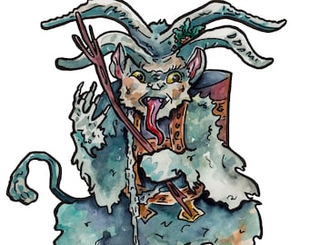 Krampus Non Traditional Christmas Decoration - Watercolor Krampus Art Print - Reproduction of Watercolor and Ink Painting of Krampus