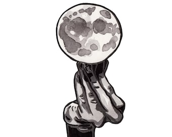 Hand Holding Moon Art Print - Ink Drawing Reproduction of Moon Balancing on Fingers - Moon Wall Decor Artist - Full Moon Art - Ink Print