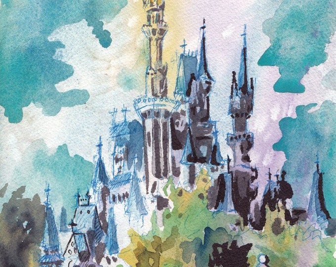 Featured listing image: Cinderella's Castle - Print of Disney World - Reproduction of Original Watercolor and Ink Drawing by Jen Tracy