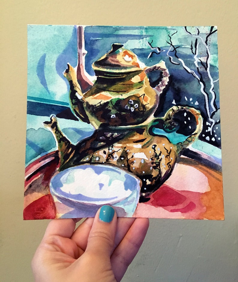 Painting of Turkish Tea Kettle Art Watercolor and Ink Original Art by