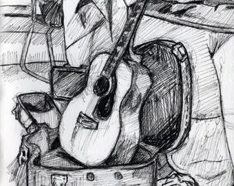 Original Micron Pen Drawing of an Acoustic Guitar on Cotton Paper - Hand Drawn Art of Musical Instrument in Guitar Case