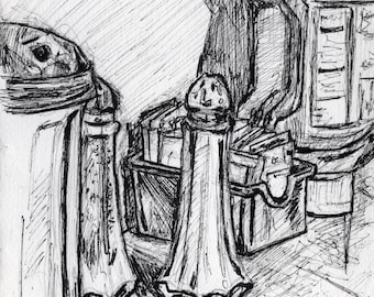 Original Micron Pen Drawing of a New Jersey Diner Table on Cotton Paper - Hand Drawn Art of Salt Pepper Sugar and Ketchup