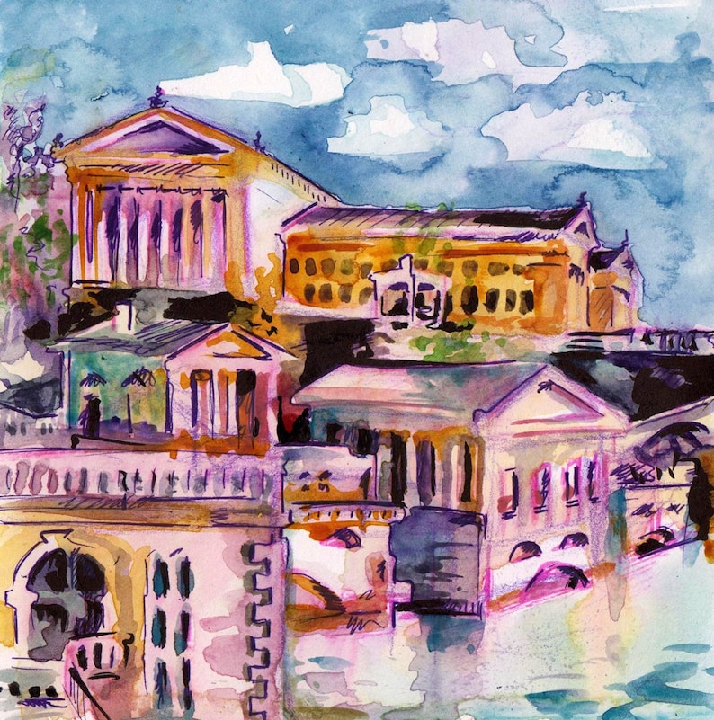 Philadelphia Art Museum, Philly, PA, USA Print of Original Watercolor and Ink Painting by Jen Tracy Small Art Reproduction Plein Air Art image 1