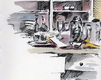 Original Watercolor and Ink Sketch of Rat's Restaurant at The Grounds for Sculpture - Original Painting by Jen Tracy of Wine Glasses