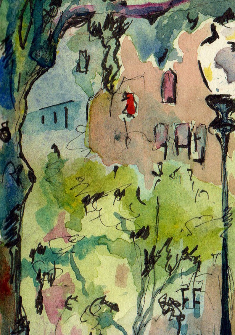 Street Scene Art Print of Original Watercolor and Ink Painting of a City Park Reproduction of Landscape Painting image 5