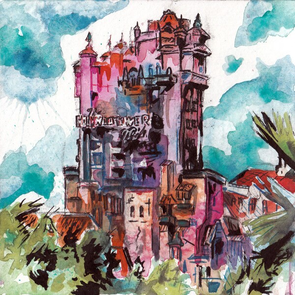 The Hollywood Tower Hotel Art - Original Watercolor and Ink Painting of the Twilight Zone Tower of Terror by Jen Tracy