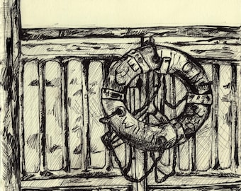 Original Micron Pen Drawing of a Lifesaver on the Cape May Lewes Ferry on Cotton Paper - Hand Drawn Art of NJ Boat Ride over Delaware Bay