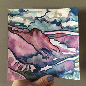 Purple Mountains Original Watercolor and Ink Painting on Paper by Artist Jen Tracy Landscape Mountain Art with Clouds image 2