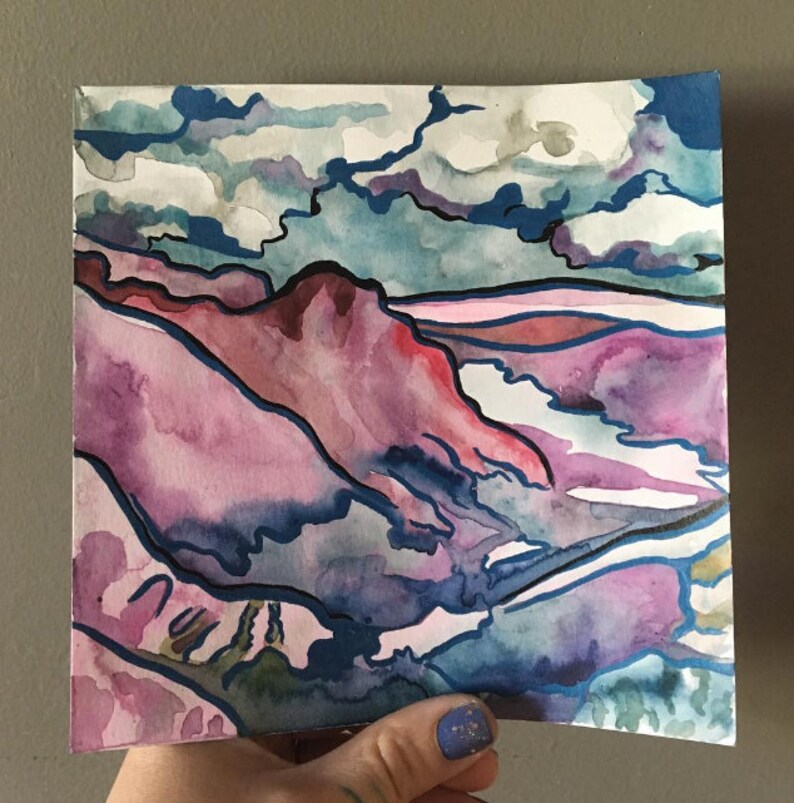 Purple Mountains Original Watercolor and Ink Painting on Paper by Artist Jen Tracy Landscape Mountain Art with Clouds image 2