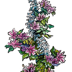 Spooky Spinal Cord Painting Reproduction - Watercolor and Ink Skeleton - Clematis Hybrids on Spine - Human Remains Art Print - Memento Mori