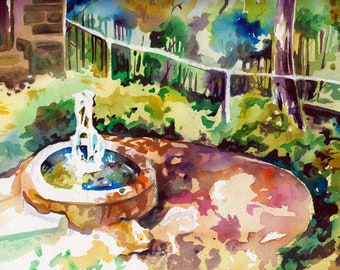 Watercolor and Ink Painting of a Water Feature at Longwood Gardens - Beautiful Watercolor Art Print - Small Painting of Water Fountain