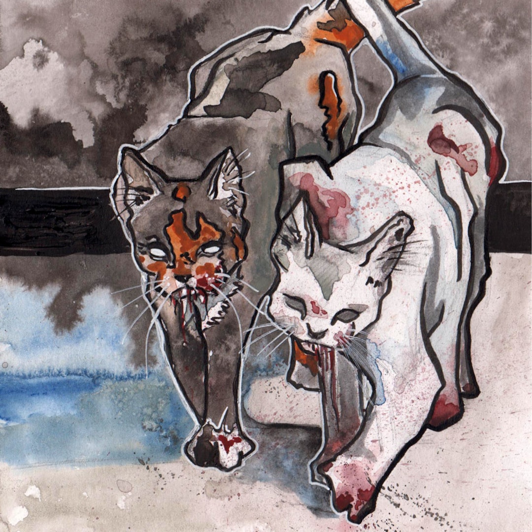 怖い猫 - 殺人猫の不気味なイラスト - オリジナルの水彩画とインクで