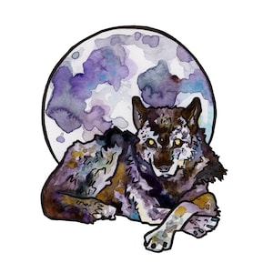 Full Moon Art Print - Watercolor Painting Reproduction of Full Wolf Moon - Wolf Art including Moon Dog Art - Mystical Decor for Witch Friend