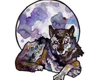 Full Moon Art Print - Watercolor Painting Reproduction of Full Wolf Moon - Wolf Art including Moon Dog Art - Mystical Decor for Witch Friend