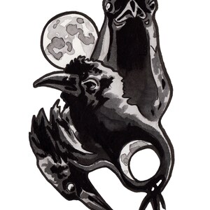 Maiden Mother Crone Moon Art Crows Crow Art with Moon Print of Full Moon and Bird Decoration Ink Drawing Reproduction Black White Gray image 2