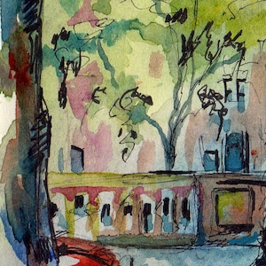 Street Scene Art Print of Original Watercolor and Ink Painting of a City Park Reproduction of Landscape Painting image 4