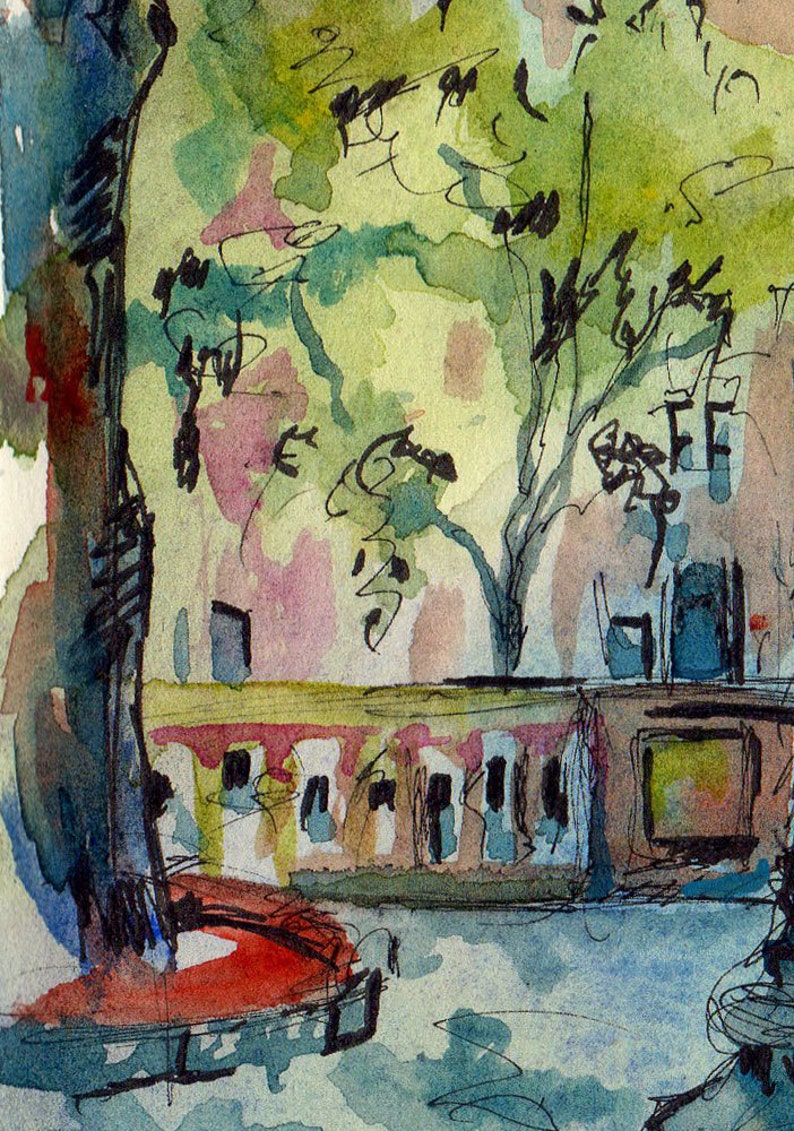 Street Scene Art Print of Original Watercolor and Ink Painting of a City Park Reproduction of Landscape Painting image 4