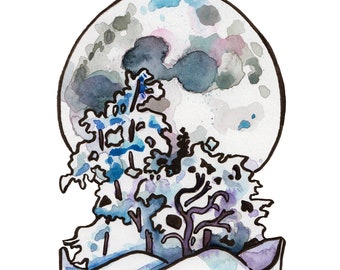 Full Snow Moon Art Print - Watercolor Painting Reproduction Moon Painting - February Full Moon Art - Mystical Decoration for a Witchy Gift