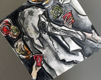 No Sleep Art Prints - Plague Mask Costume Party - Print of Original Watercolor and Ink Painting - No Sleep Podcast Cover Halloween Art Print