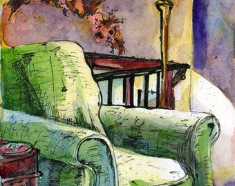 Art Print - Comfy Chair - Reproduction of Watercolor and Ink Painting - Painting of an Interior