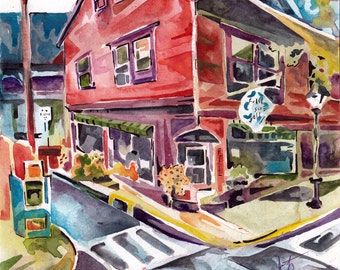 Urban Sketch in Watercolors - Painting of Art Gallery Original Watercolor and Ink Plein Air Painting on Paper - City Street Art Gift Unique