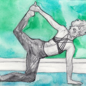 Kunglig solfågelposition blyerts- och akvarellteckning - Yogakonst - Originalkonst - Grafitteckning av yogaposition Kunglig solfågelkonst för yogastudio