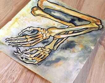 Small Painting Horror - Macabre Painting of Bones - Arm Bone Illustration - Original No Sleep Art - The No Sleep Podcast Drawing in Ink Arts