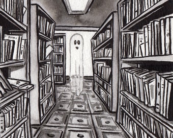 Print of Library Ghost Haunted Books - Art for Book Lovers - Haunted Library Reproduction of Ink Drawing Halloween Decoration Scary Story