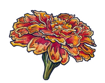 Marigold Painting in Watercolor and Ink - Watercolor Flower Art - Original Flower Painting on Paper by Jen Tracy - Watercolor Marigold