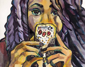 Yarn Braids Selfie Watercolor and Ink Painting - Art of a Selfie - Portrait of Woman with Phone - Original Art by Jen Tracy