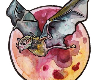 Blood Moon Art Print - Watercolor Painting Reproduction of Full Blood Moon - Moon Art including Bat Art - Mystical Decor - Vampire Bat Print
