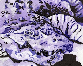 Alligator in Purple and Black - Print of Original Painting by Jen Tracy - 6" x 6" Square Art Reproduction - Unique Gift Alligator Art