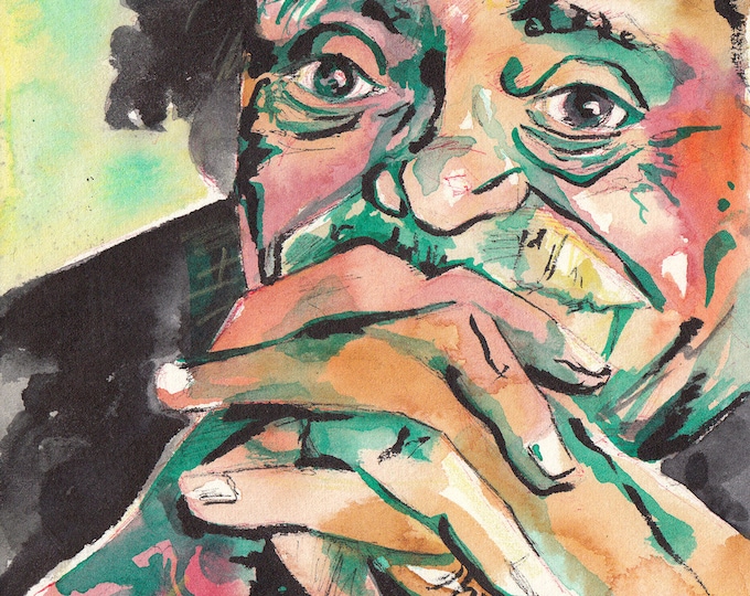 Featured listing image: Kurt Vonnegut - Print of Watercolor and Ink Portrait of Author - Reproduction of Vonnegut Painting - Literature Art - Gift for Reader Prints