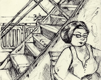 Original Micron Pen Drawing of a Stranger on the Cape May Lewes Ferry on Cotton Paper - Hand Drawn Art of DE Boat Ride over Delaware Bay