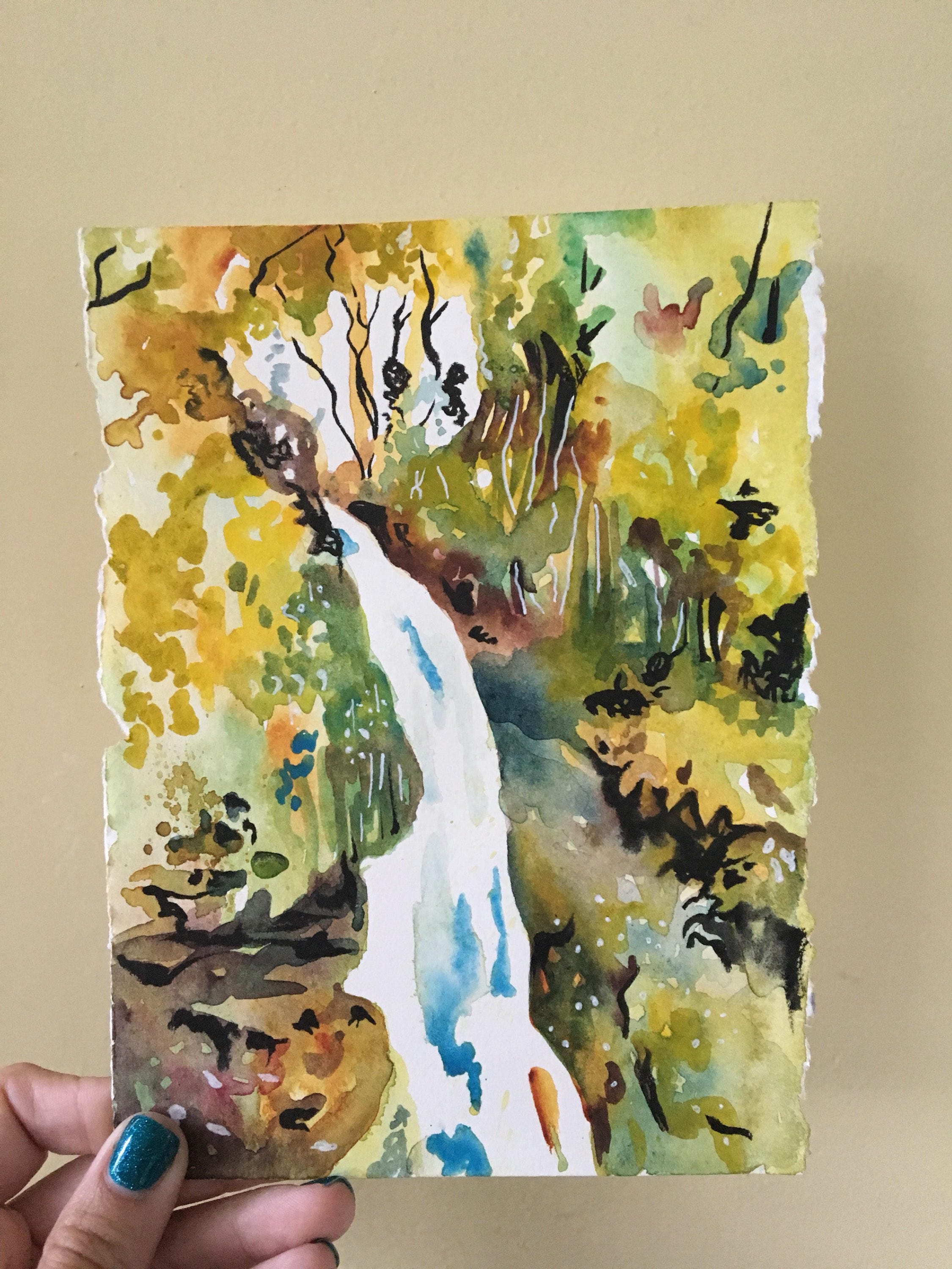 Waterfall in New Zealand Watercolor and Ink Painting - Etsy