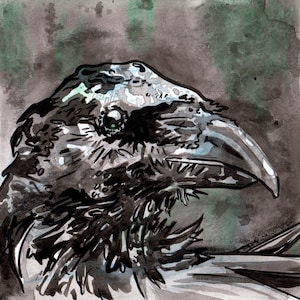 Raven Painting on Paper - Crow Art - Inky Raven - Original Art of a Bird by Jen Tracy - Ink Painting - Small Ink Wall Art - Inktober Raven