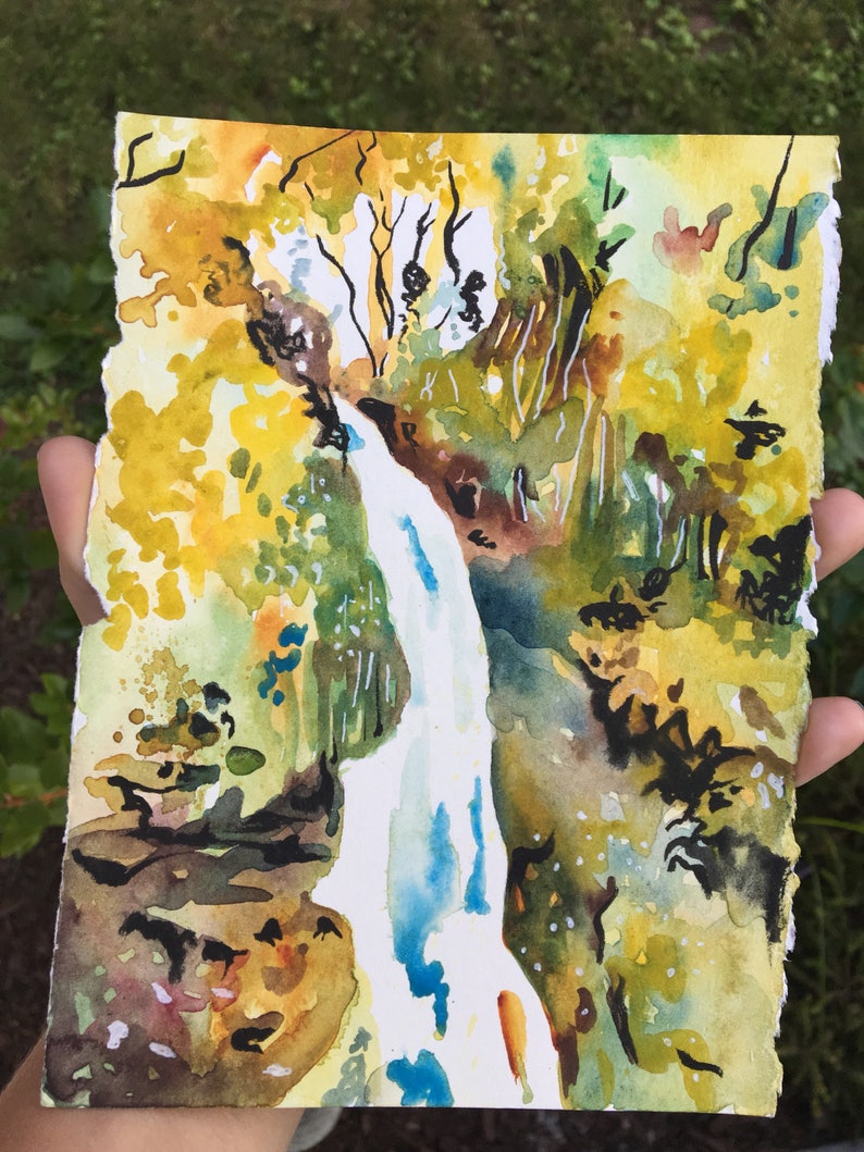 Waterfall in New Zealand Watercolor and Ink Painting - Etsy